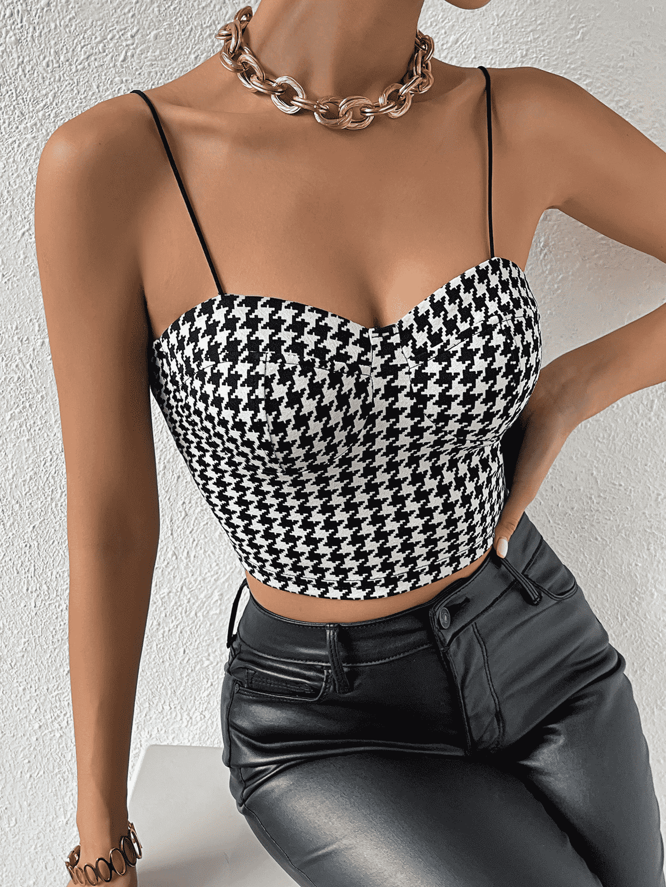Cropped Sweetheart Neck Houndstooth Pattern Cami-TOPS / DRESSES-[Adult]-[Female]-2022 Online Blue Zone Planet