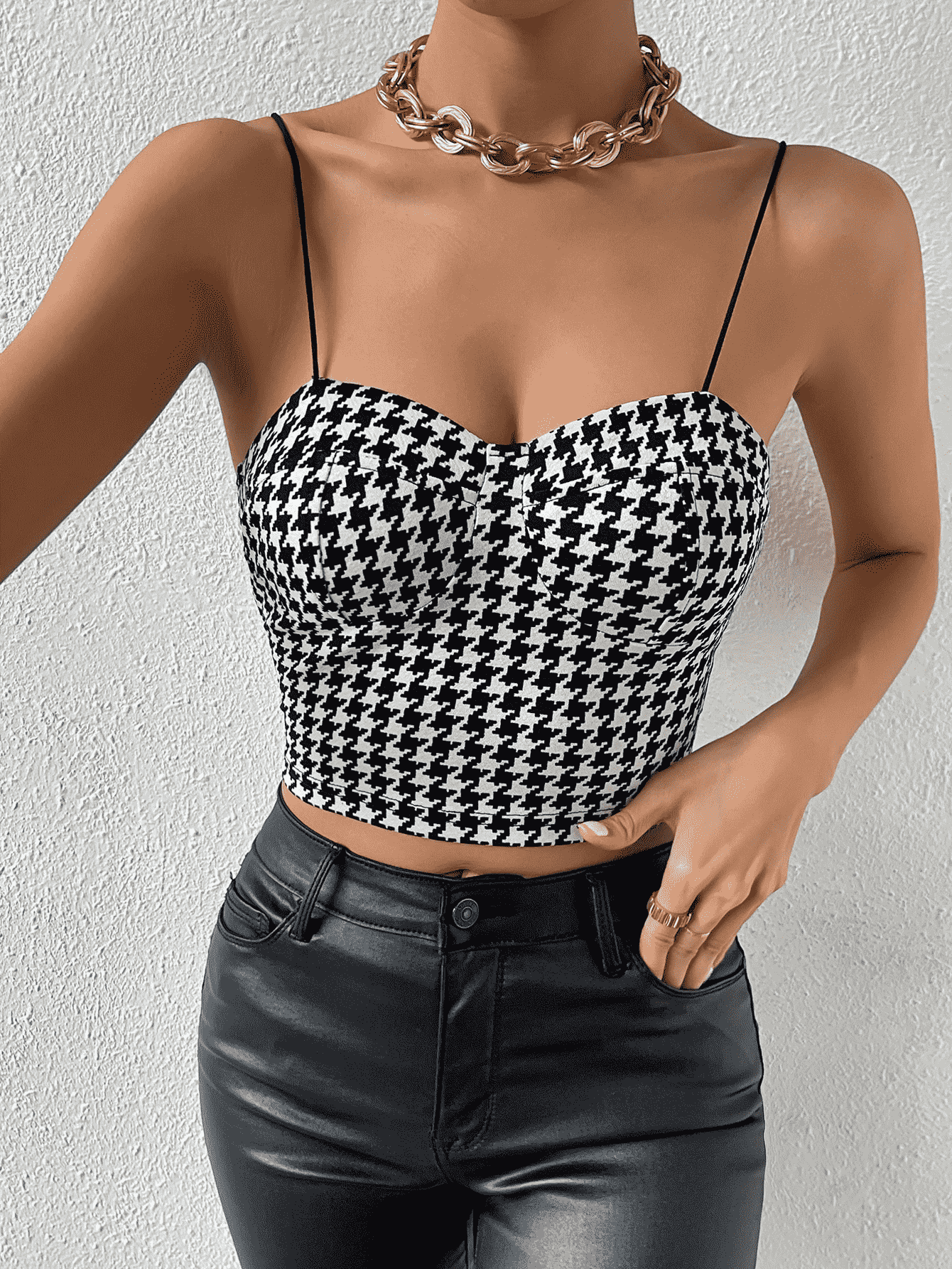 Cropped Sweetheart Neck Houndstooth Pattern Cami-TOPS / DRESSES-[Adult]-[Female]-2022 Online Blue Zone Planet