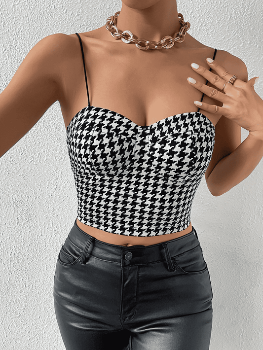 Cropped Sweetheart Neck Houndstooth Pattern Cami-TOPS / DRESSES-[Adult]-[Female]-Black-XS-2022 Online Blue Zone Planet