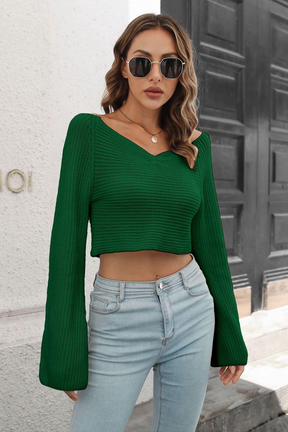 Cropped V-Neck Flare Sleeve Knit Top BLUE ZONE PLANET