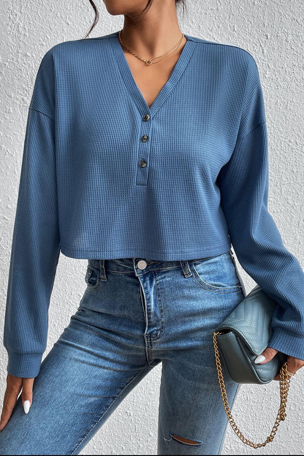 Cropped V-Neck Raglan Sleeve Buttoned Blouse BLUE ZONE PLANET