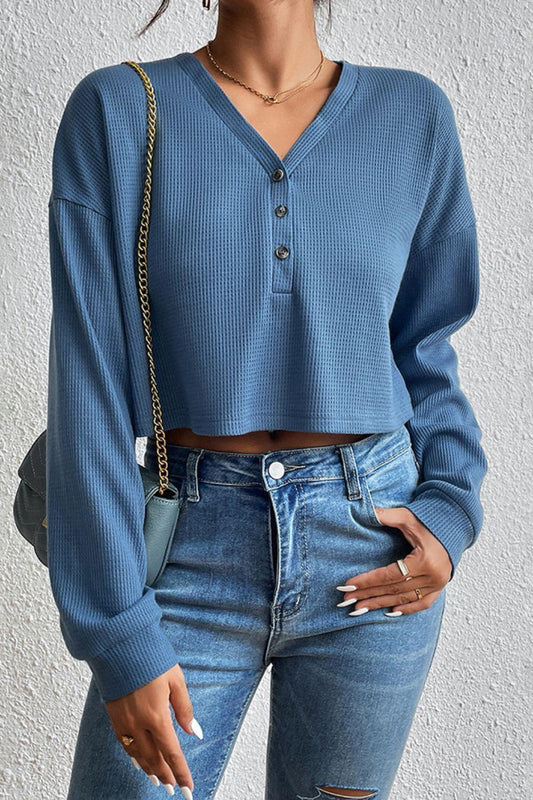 Cropped V-Neck Raglan Sleeve Buttoned Blouse BLUE ZONE PLANET