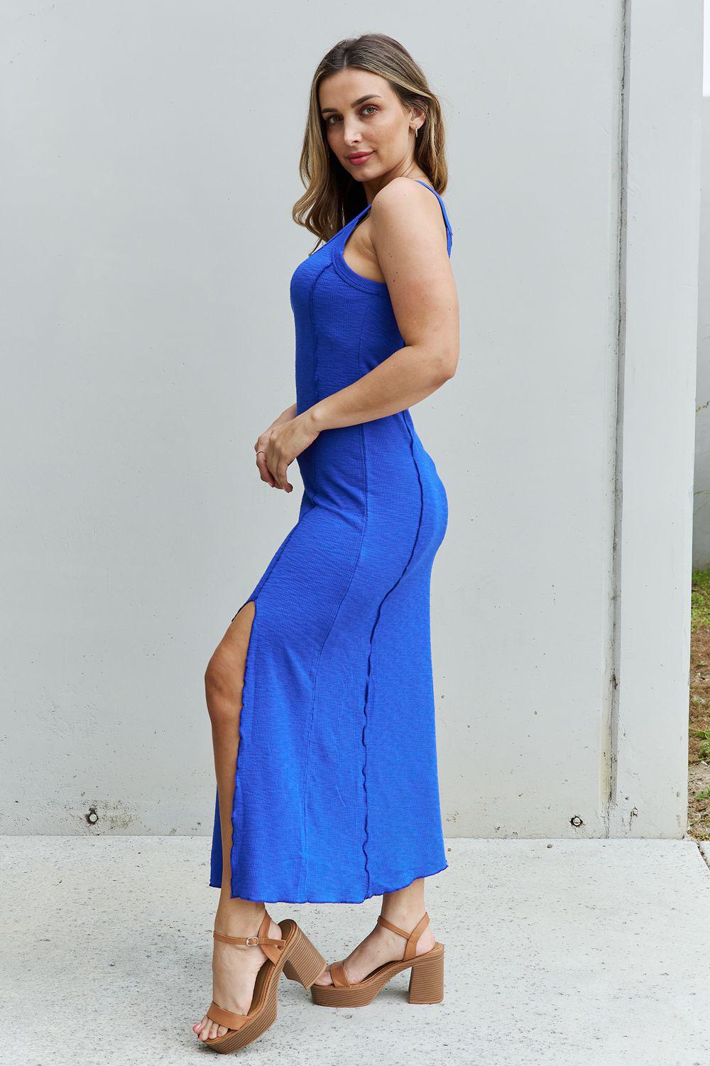 Culture Code Look At Me Full Size Notch Neck Maxi Dress with Slit in Cobalt Blue BLUE ZONE PLANET