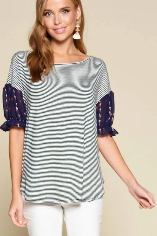 Cute Striped Curved Hem Casual Top Blue Zone Planet