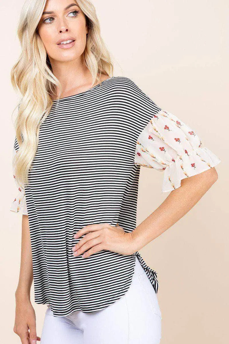 Cute Striped Curved Hem Casual Top Blue Zone Planet