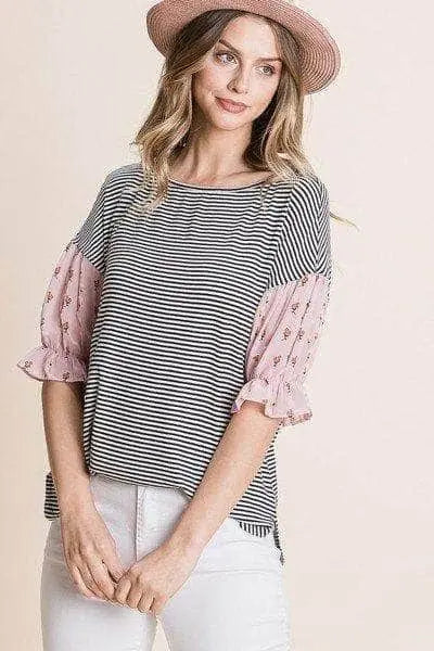 Cute Striped Curved Hem Casual Top Blue Zone Planet