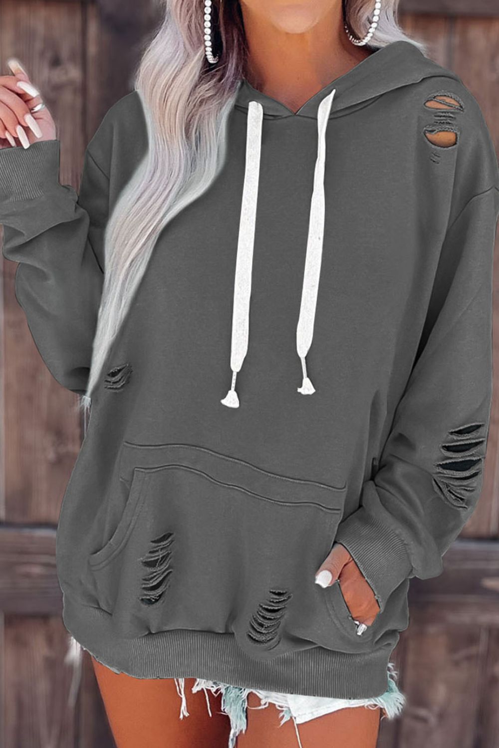 Cutout Dropped Shoulder Hoodie BLUE ZONE PLANET