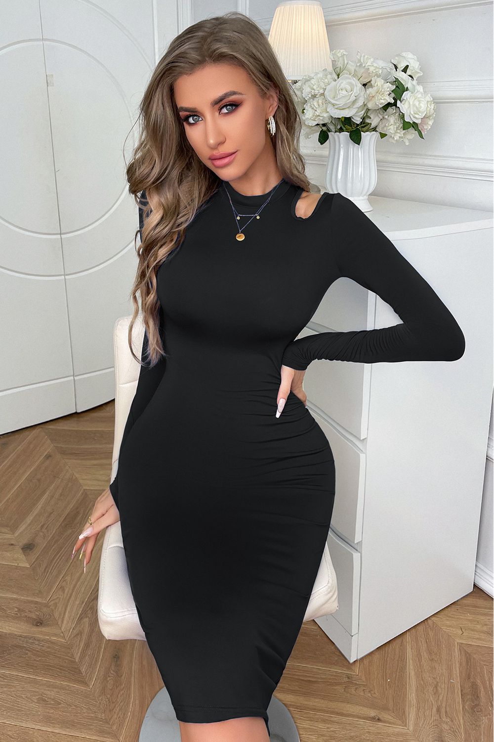 Cutout Long Sleeve Pencil Dress BLUE ZONE PLANET