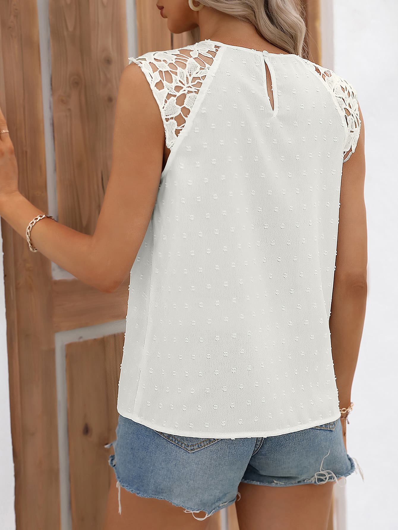 Cutout Round Neck Spliced Lace Tank BLUE ZONE PLANET