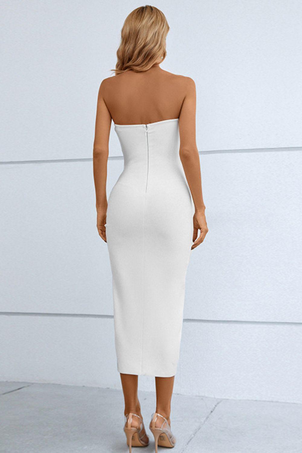 strapless bandage midi dress DRAPED STRAPLESS FRINGE MIDI DRESS HERV LGER