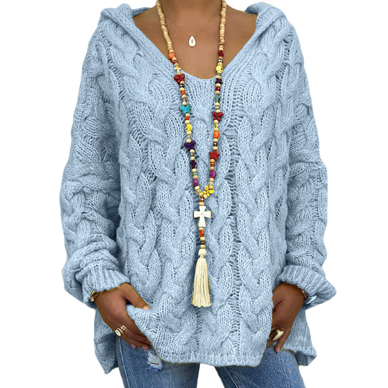 Women's loose hooded pullover long-sleeved sweater-[Adult]-[Female]-Blue-S-2022 Online Blue Zone Planet