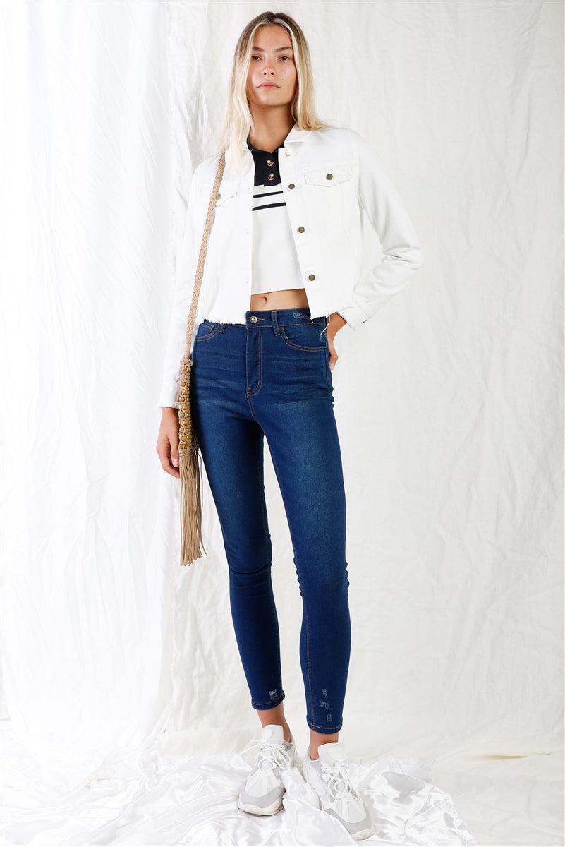 Dark Blue High-waisted With Rips Skinny Denim Jeans Blue Zone Planet