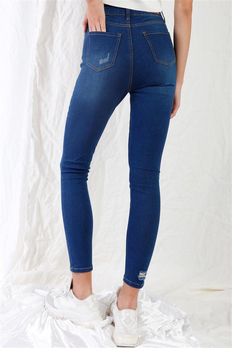 Dark Blue High-waisted With Rips Skinny Denim Jeans Blue Zone Planet