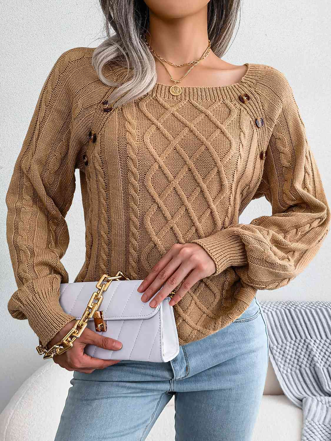 Decorative Button Cable-Knit Sweater BLUE ZONE PLANET