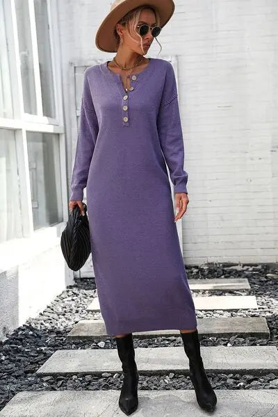 Decorative Button Notched Dropped Shoulder Sweater Dress BLUE ZONE PLANET