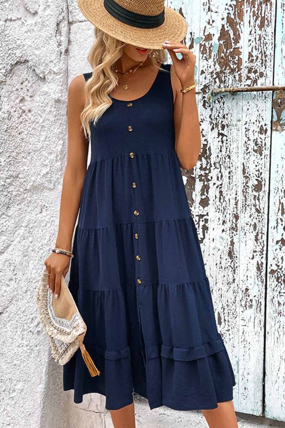 Decorative Button Scoop Neck Tiered Sleeveless Dress BLUE ZONE PLANET