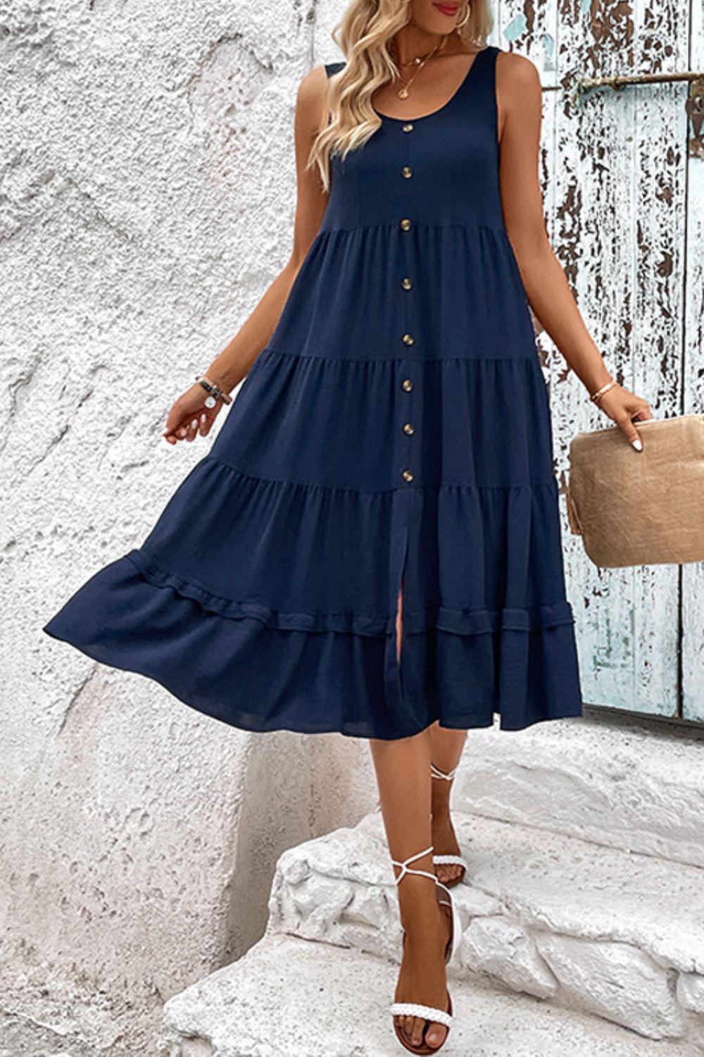 Decorative Button Scoop Neck Tiered Sleeveless Dress BLUE ZONE PLANET