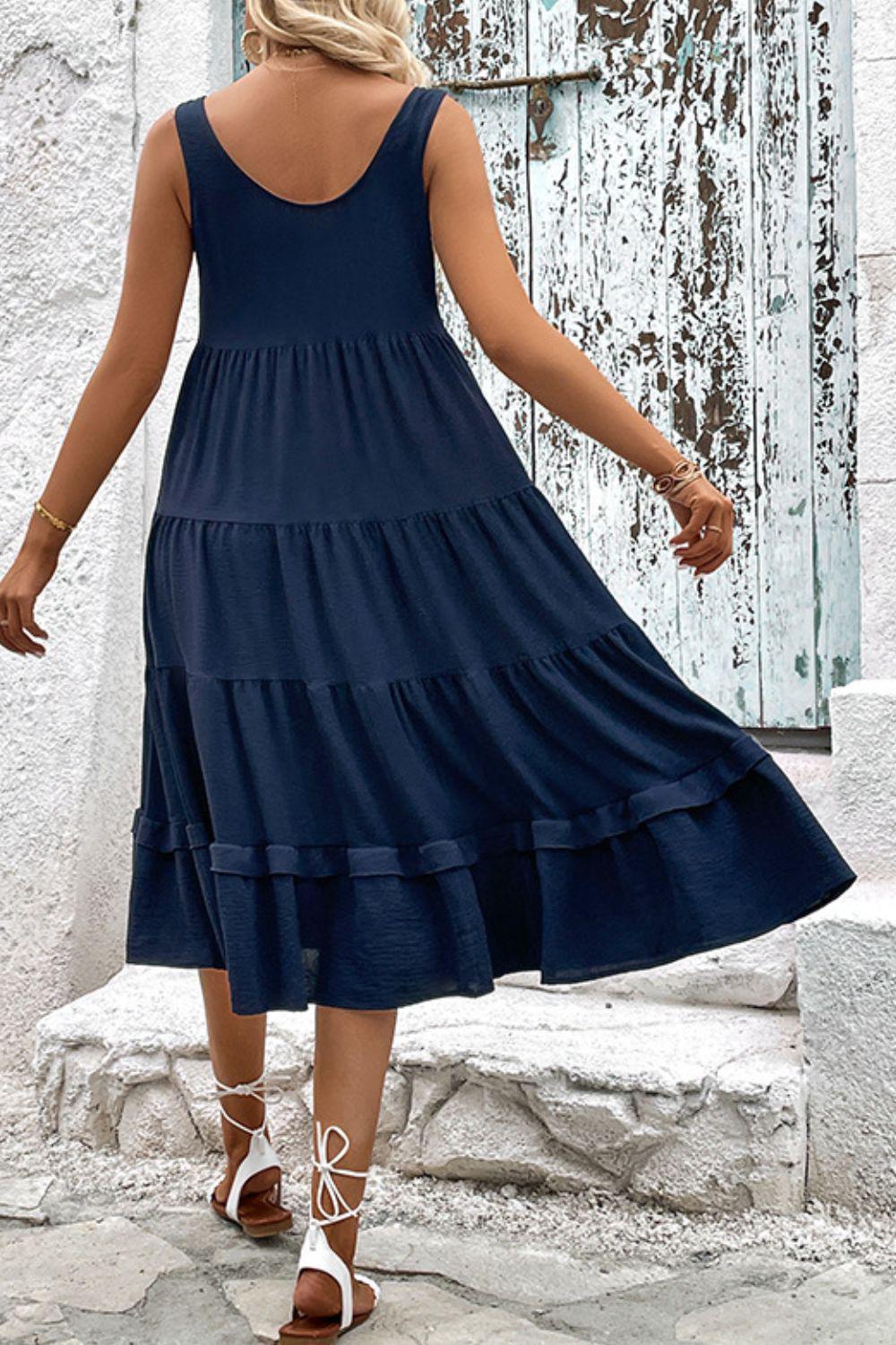 Decorative Button Scoop Neck Tiered Sleeveless Dress BLUE ZONE PLANET