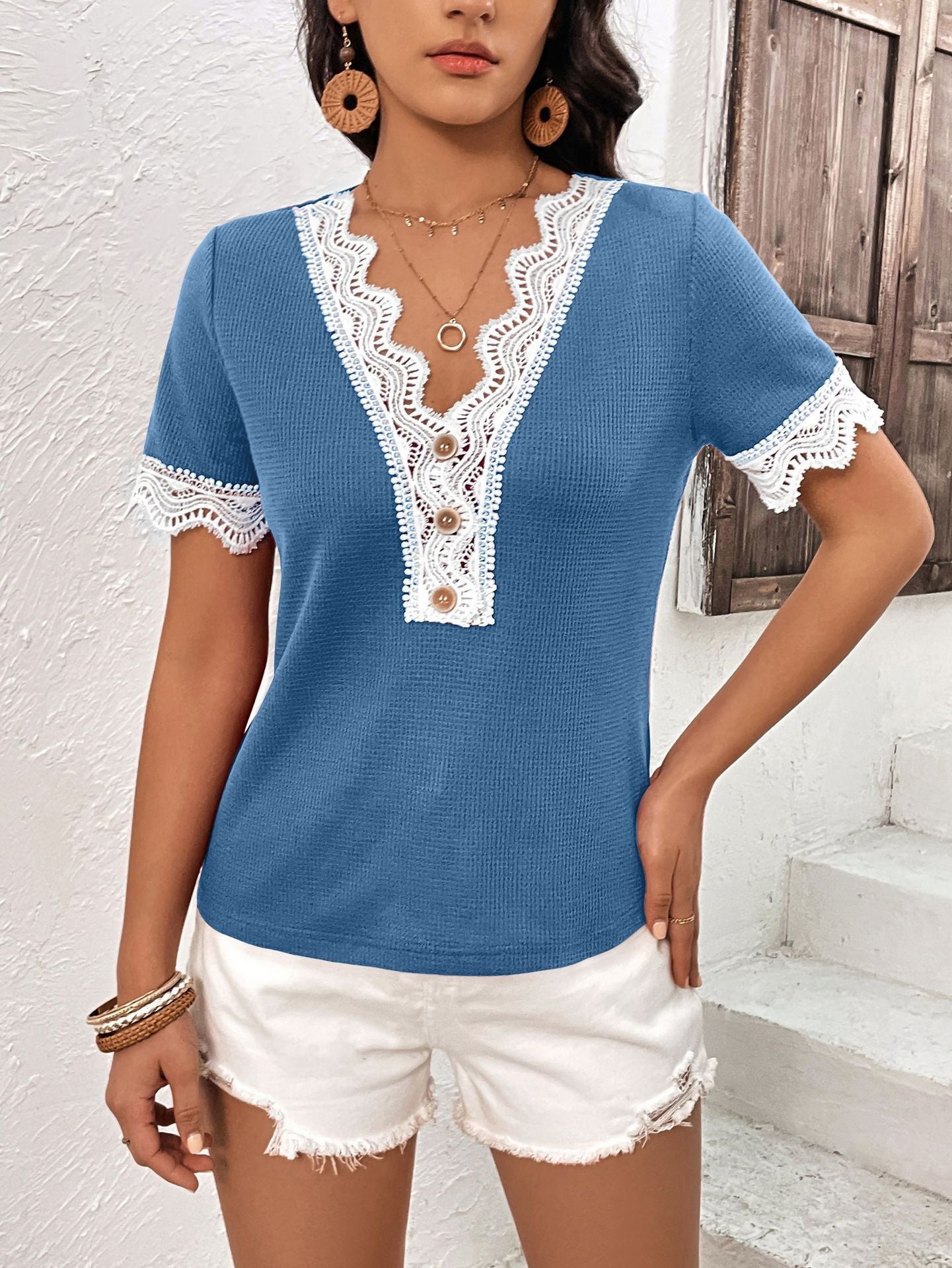 Decorative Button Spliced Lace Short Sleeve Top BLUE ZONE PLANET