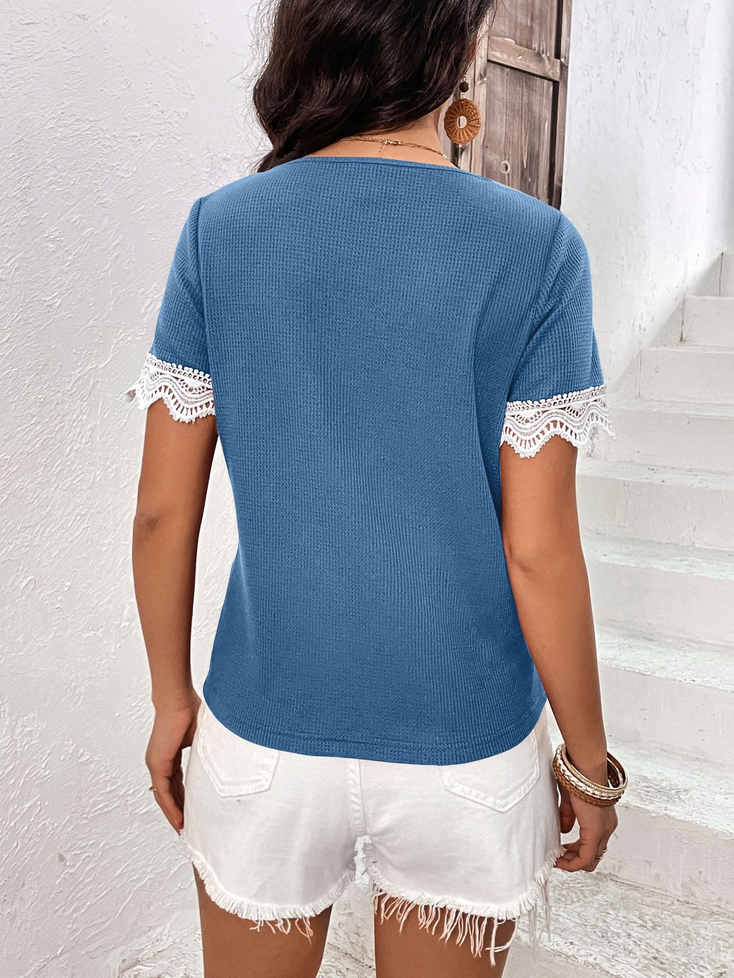 Decorative Button Spliced Lace Short Sleeve Top BLUE ZONE PLANET