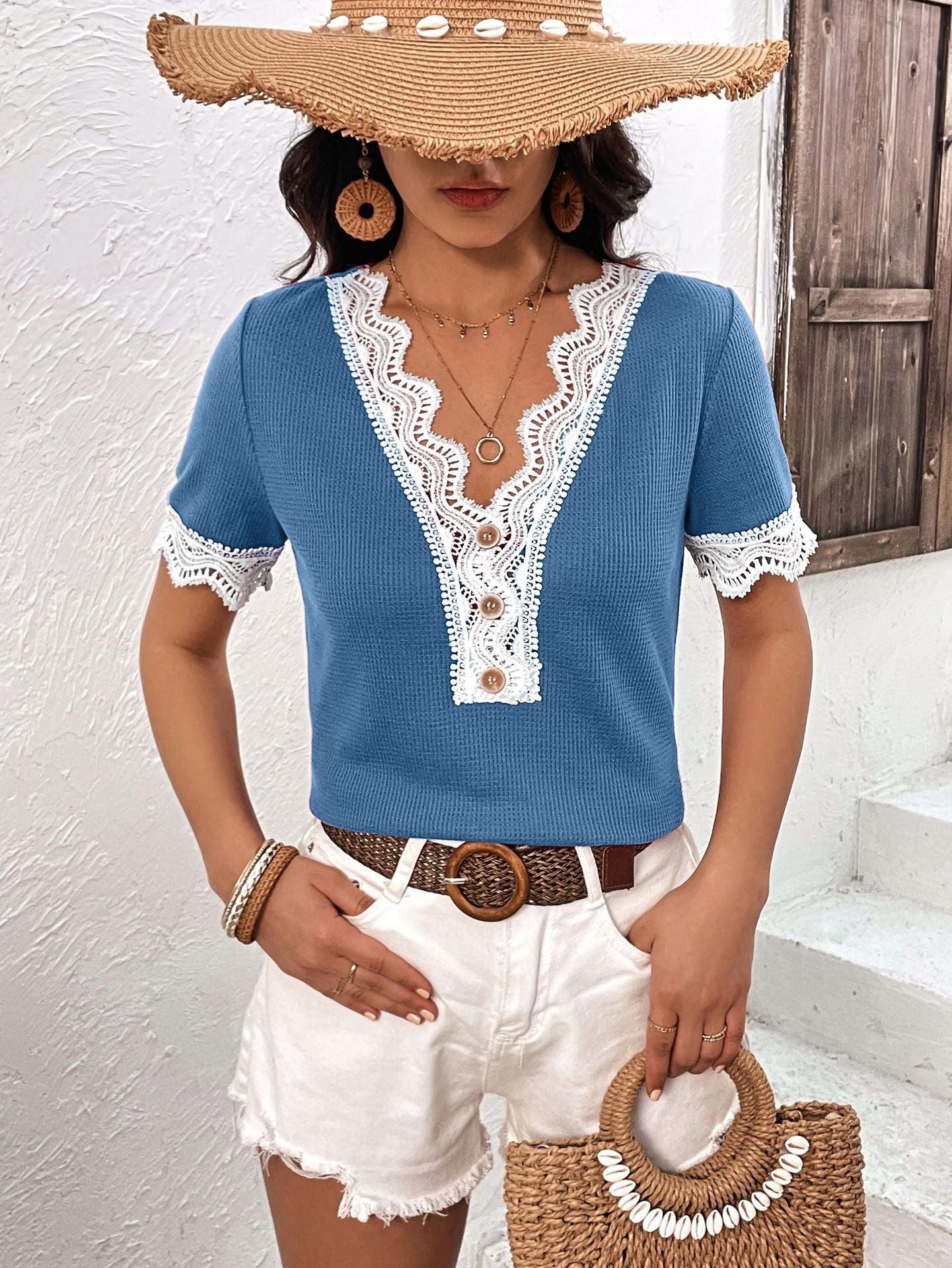 Decorative Button Spliced Lace Short Sleeve Top BLUE ZONE PLANET