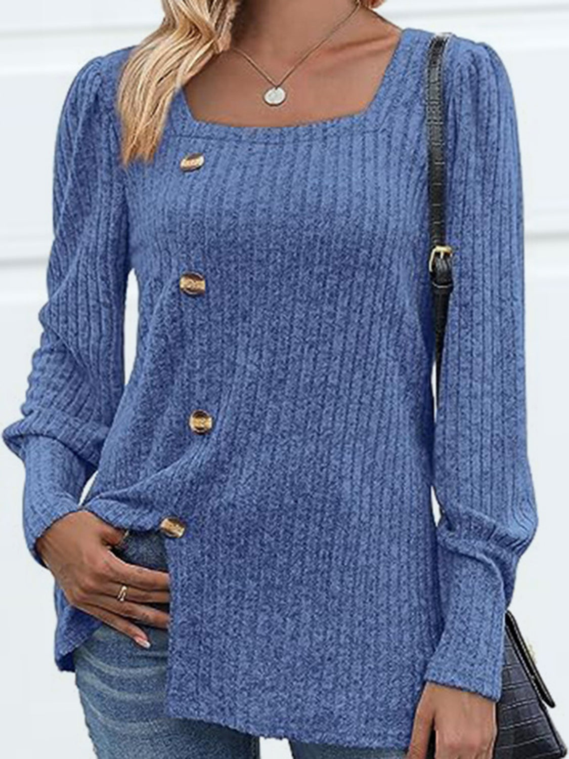 Decorative Button Square Neck Top BLUE ZONE PLANET