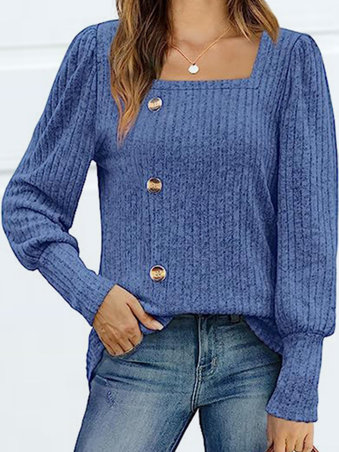 Decorative Button Square Neck Top BLUE ZONE PLANET