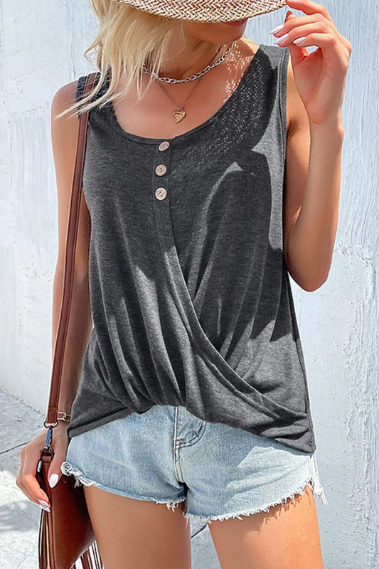 Decorative Button Twisted Scoop Neck Tank BLUE ZONE PLANET