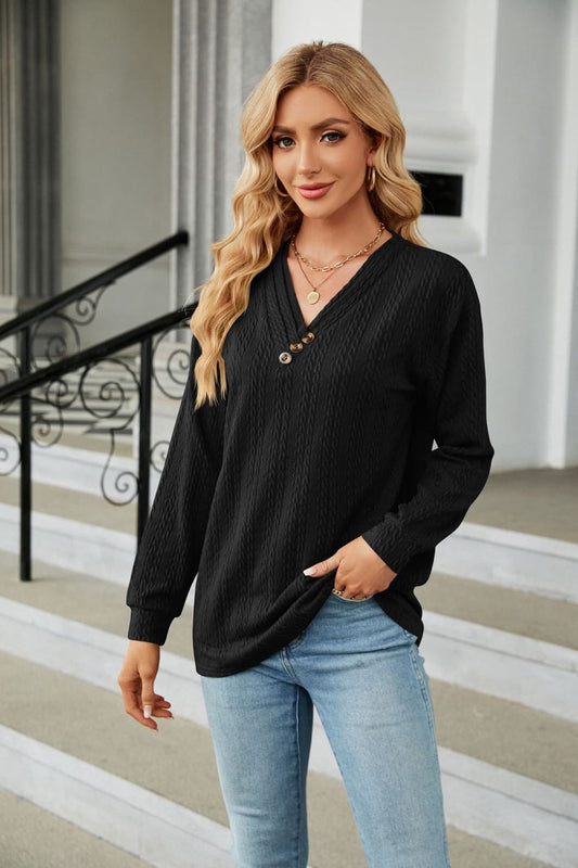 Decorative Button V-Neck Long Sleeve T-Shirt BLUE ZONE PLANET