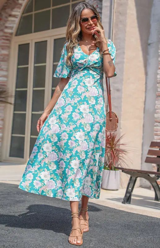 Deep V Large Floral Green Dress BLUE ZONE PLANET