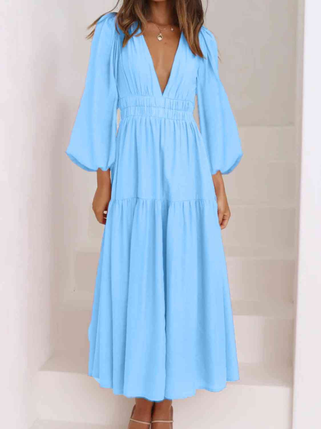 Deep V-Neck Balloon Sleeve Plain Maxi Dress BLUE ZONE PLANET