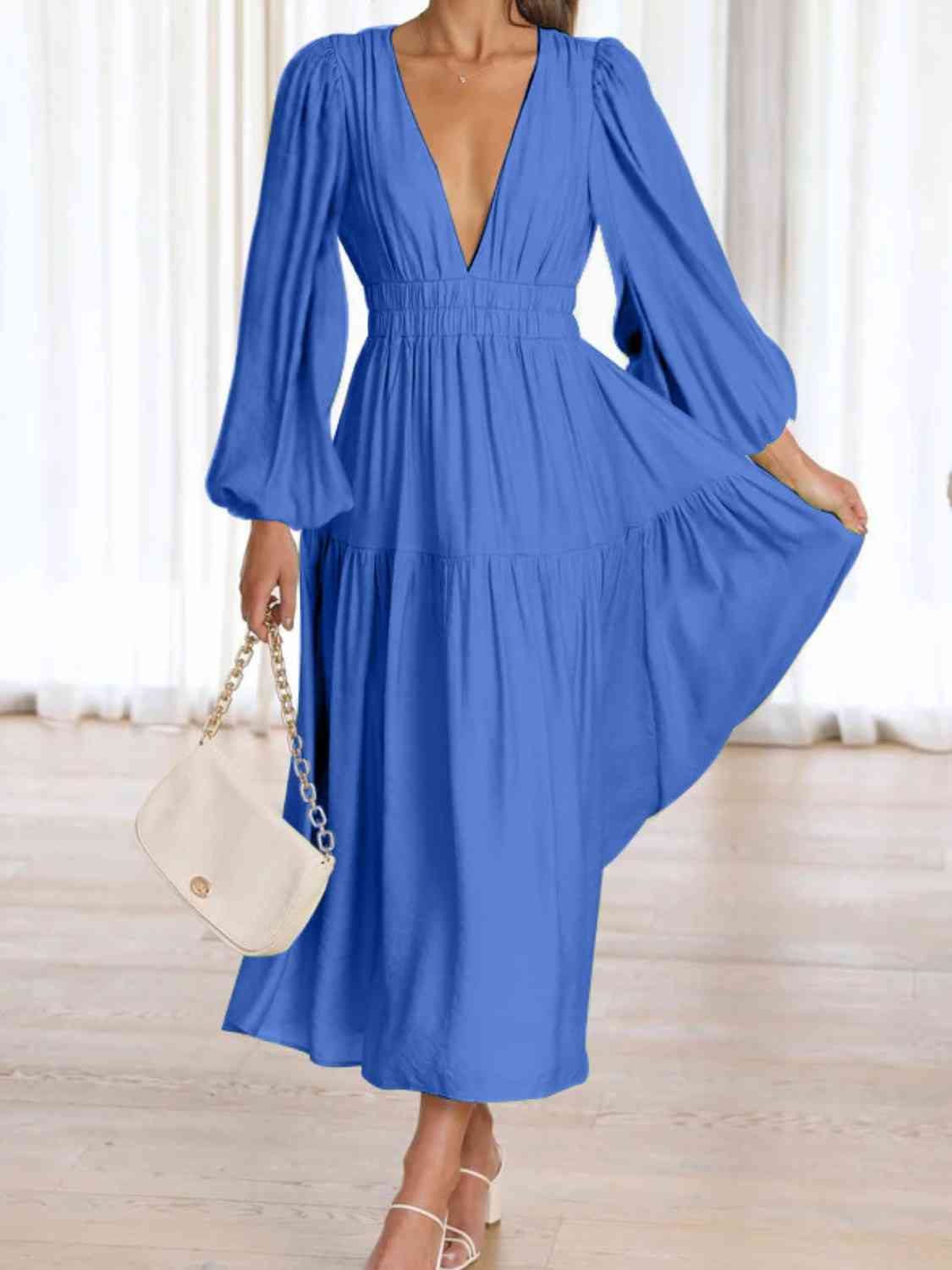 Deep V-Neck Balloon Sleeve Plain Maxi Dress BLUE ZONE PLANET