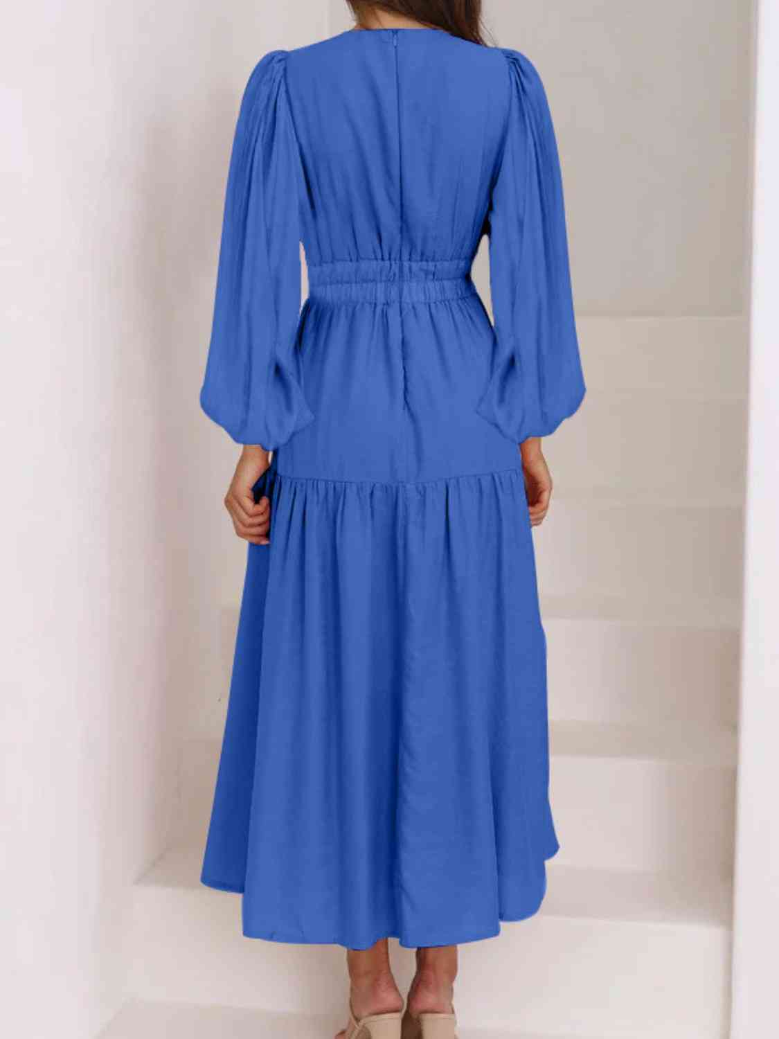 Deep V-Neck Balloon Sleeve Plain Maxi Dress BLUE ZONE PLANET