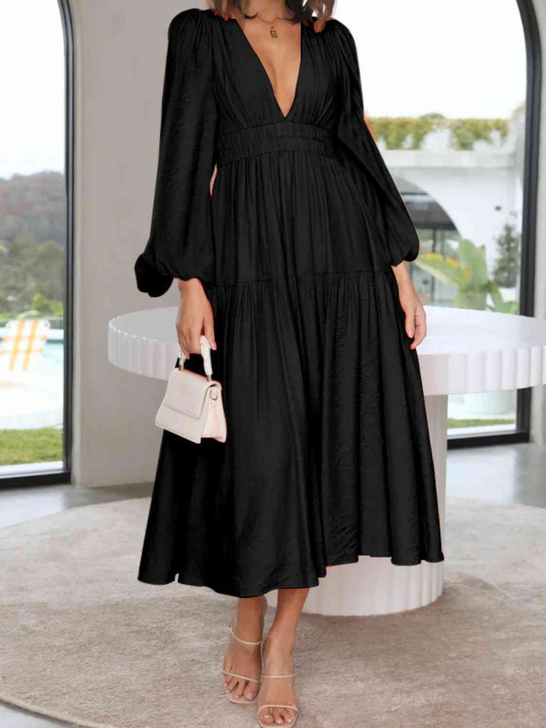 Deep V-Neck Balloon Sleeve Plain Maxi Dress BLUE ZONE PLANET