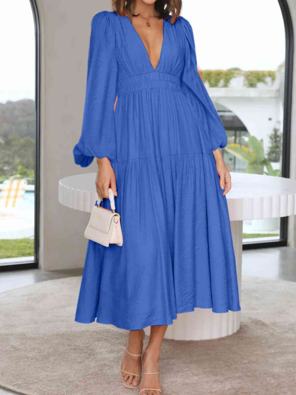 Deep V-Neck Balloon Sleeve Plain Maxi Dress BLUE ZONE PLANET