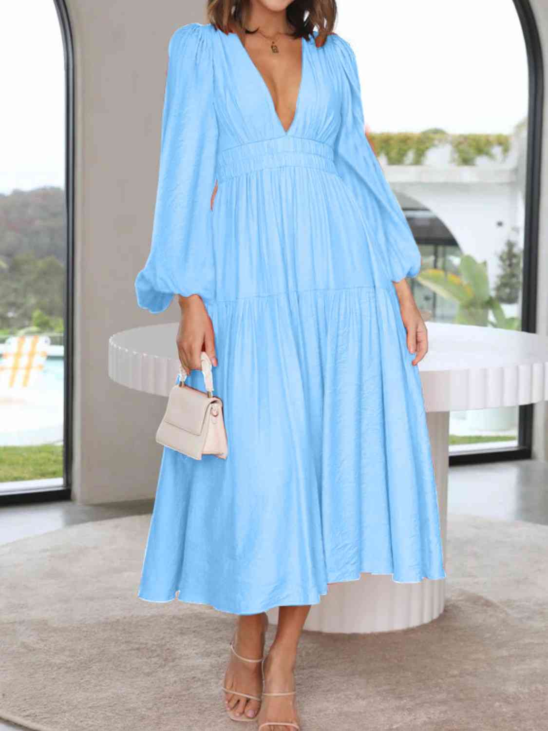 Deep V-Neck Balloon Sleeve Plain Maxi Dress BLUE ZONE PLANET