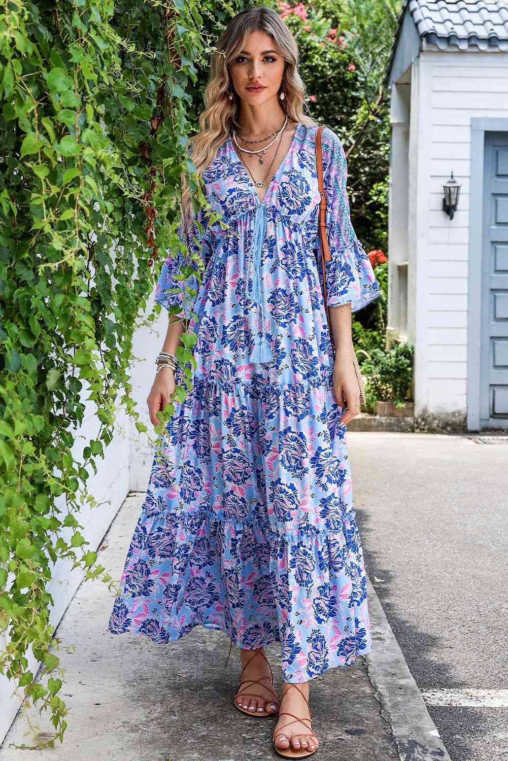 Deep V Three-Quarter Sleeve Maxi Dress BLUE ZONE PLANET