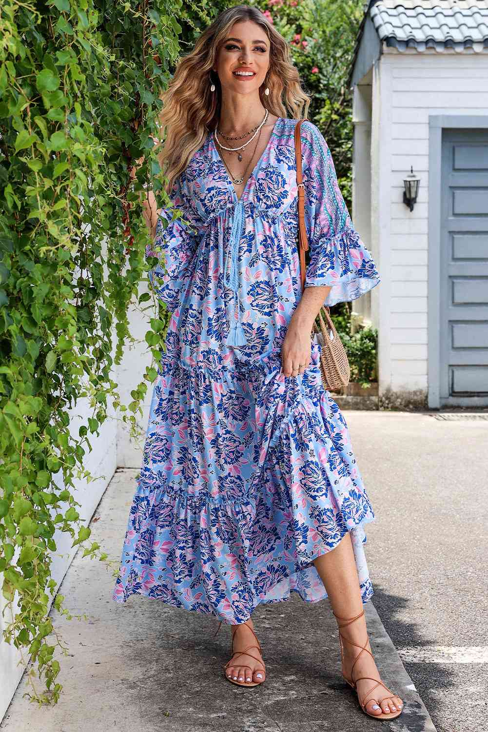 Deep V Three-Quarter Sleeve Maxi Dress BLUE ZONE PLANET