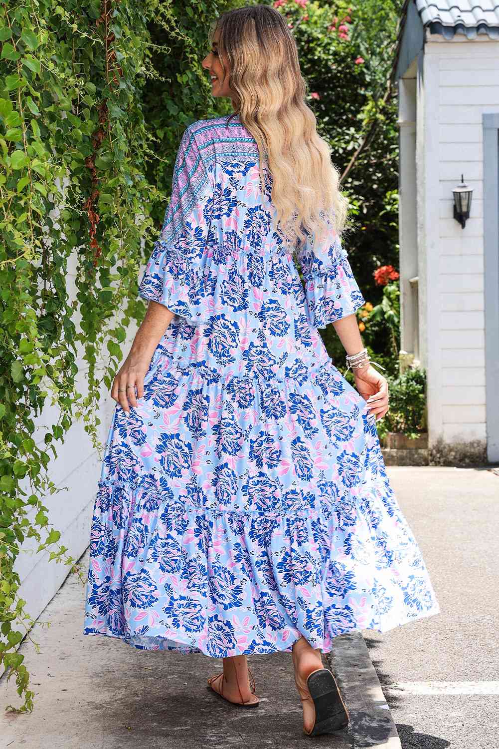 Deep V Three-Quarter Sleeve Maxi Dress BLUE ZONE PLANET