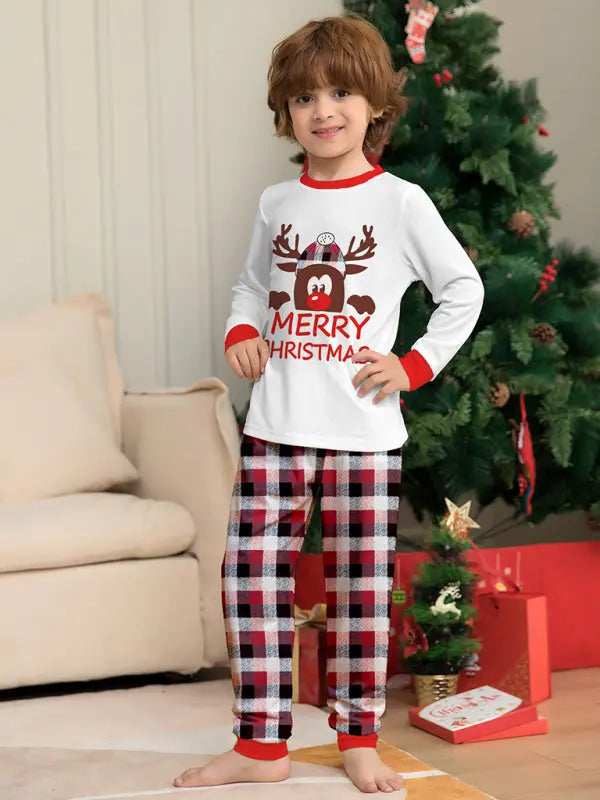 Deer head letter print Christmas parent-child plaid long-sleeved home clothes two-piece set kakaclo