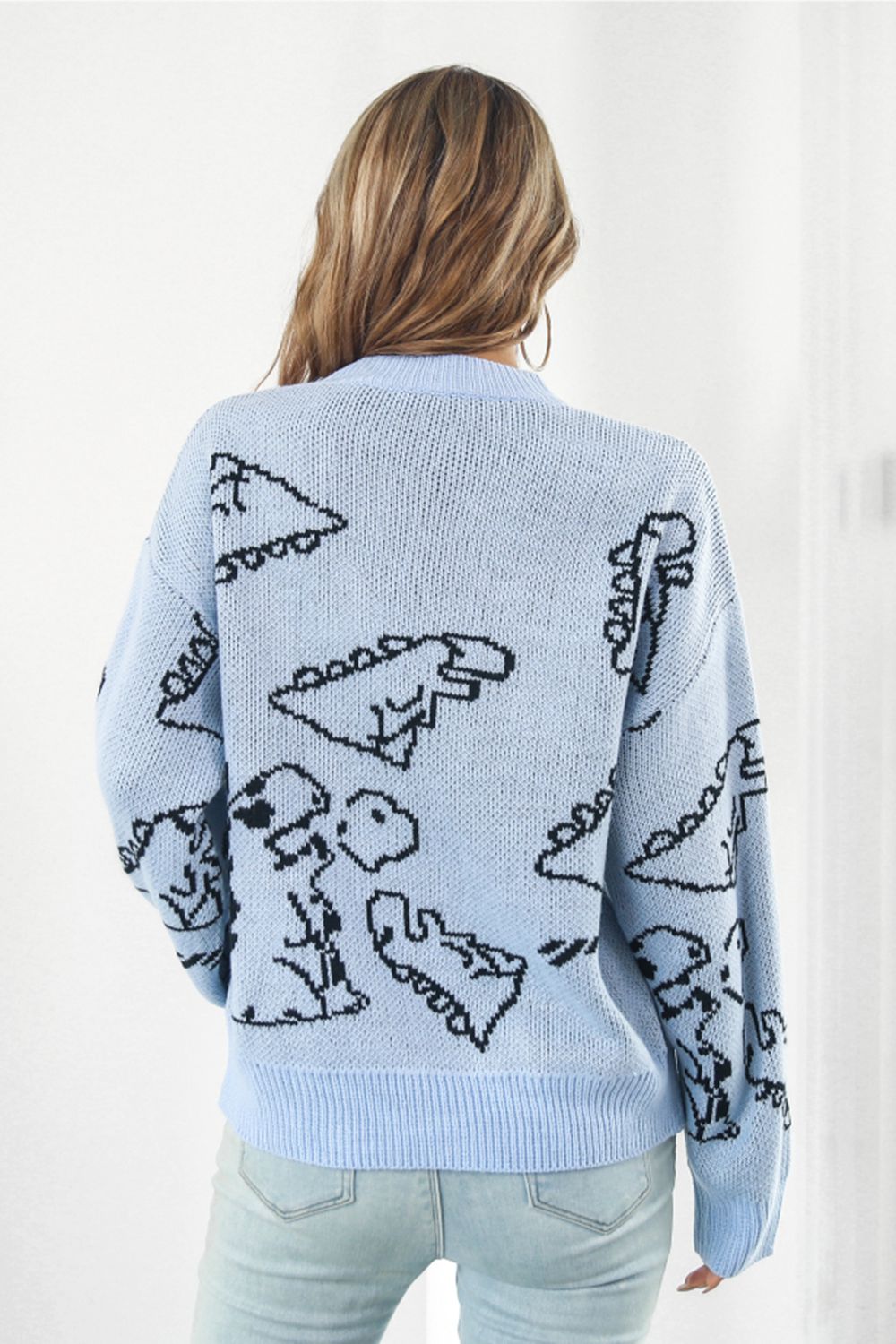 Dinosaur Pattern Round Neck Sweater BLUE ZONE PLANET