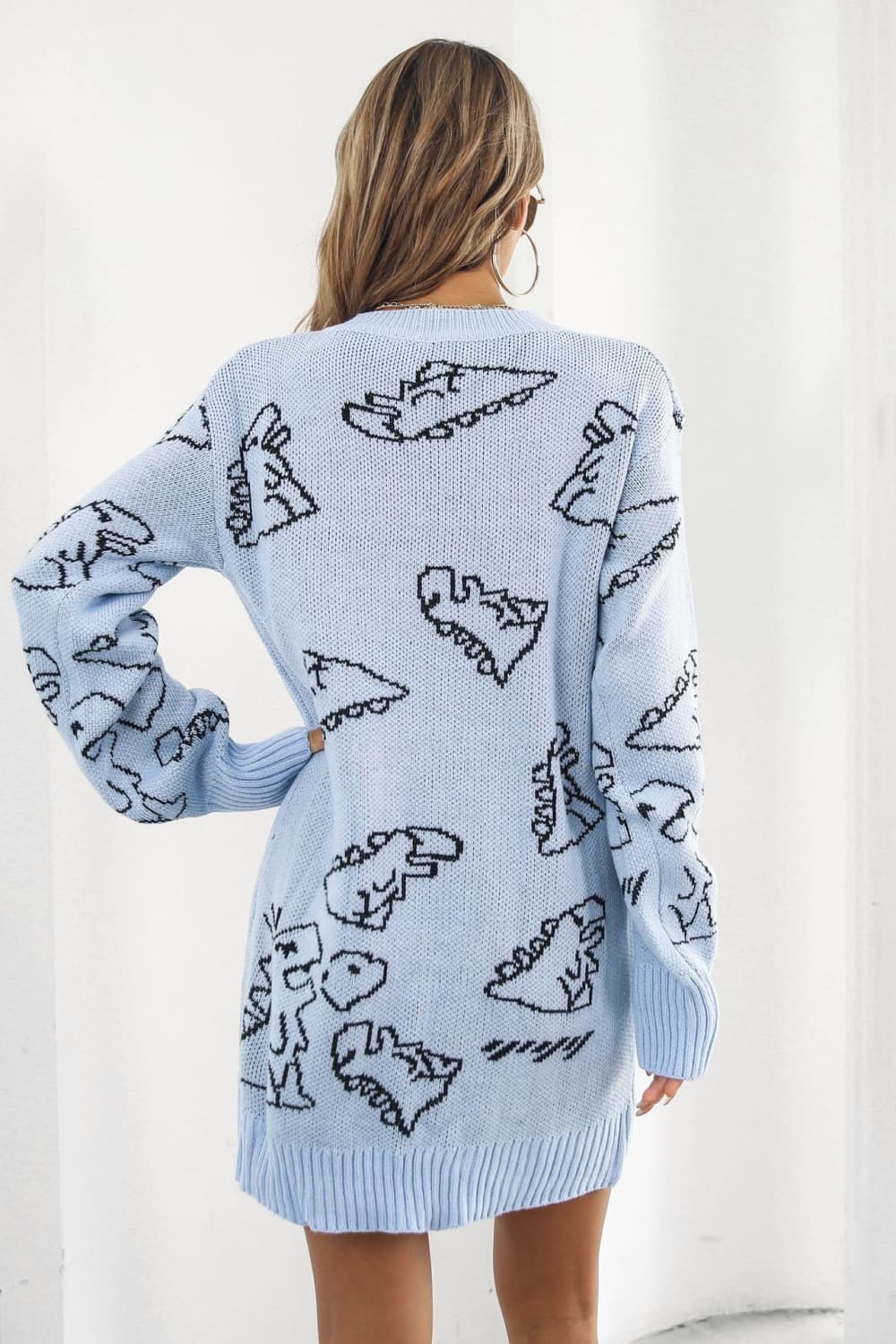 Dinosaur Pattern V-Neck Sweater Dress BLUE ZONE PLANET