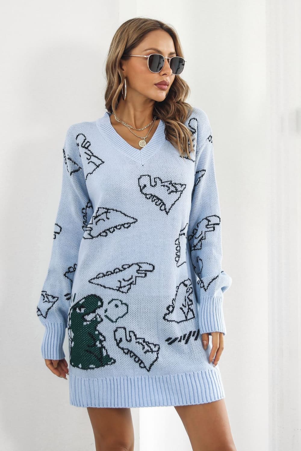 Dinosaur Pattern V-Neck Sweater Dress BLUE ZONE PLANET