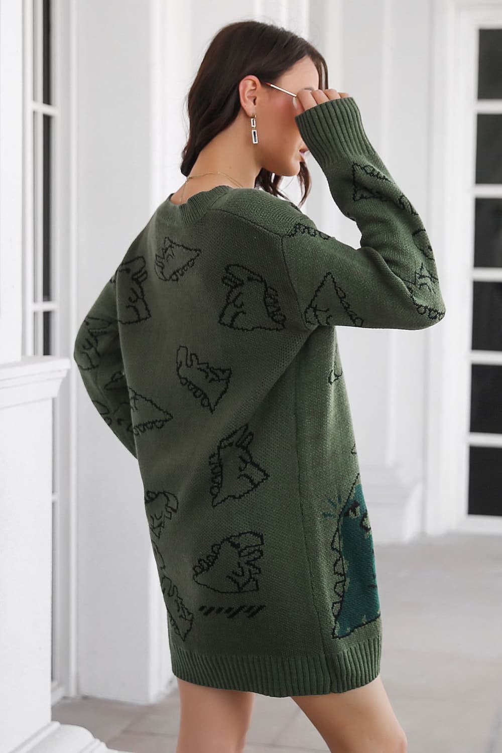 Dinosaur Pattern V-Neck Sweater Dress BLUE ZONE PLANET