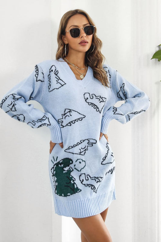 Dinosaur Pattern V-Neck Sweater Dress BLUE ZONE PLANET