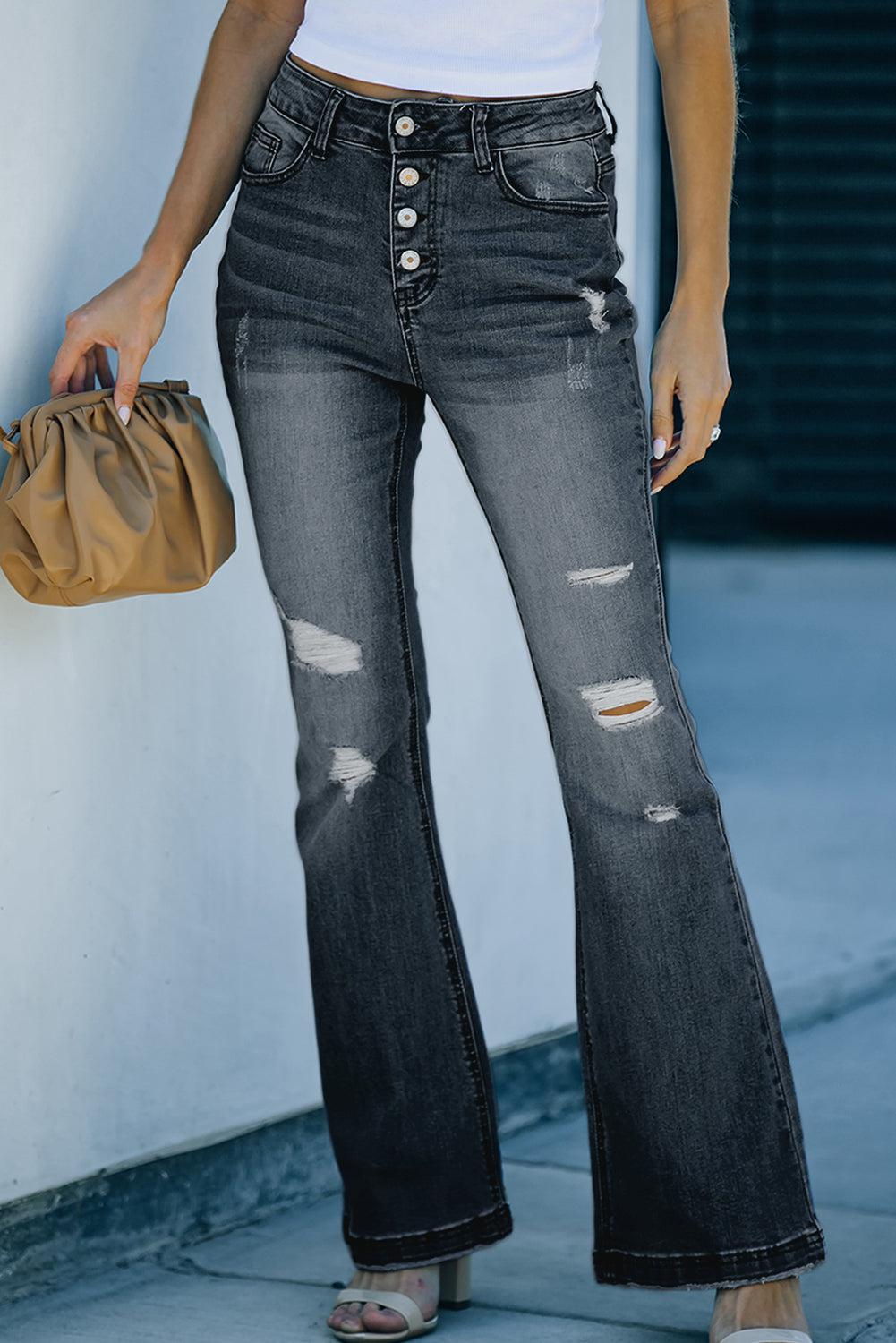 Distressed Button-Fly Flare Jeans BLUE ZONE PLANET