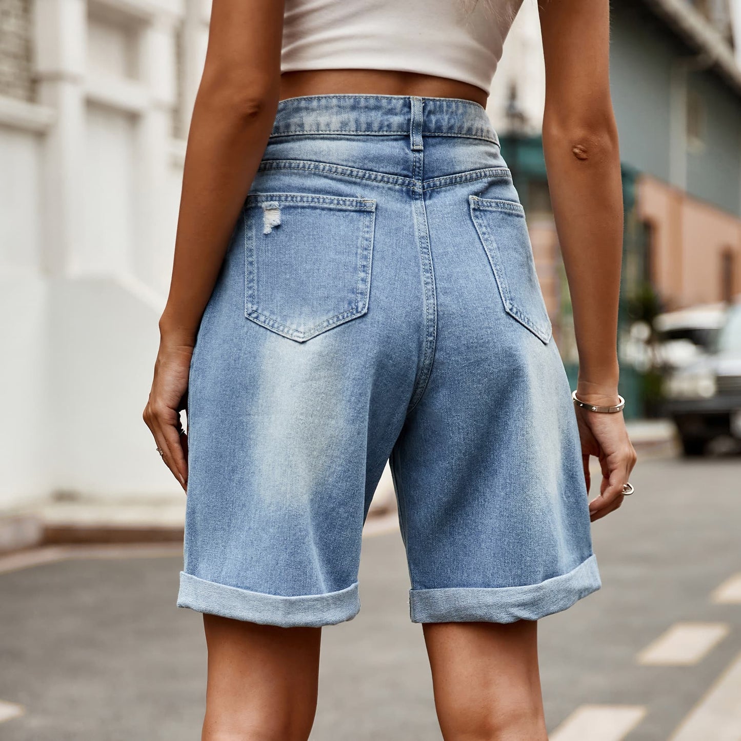 Distressed Buttoned Denim Shorts with Pockets BLUE ZONE PLANET