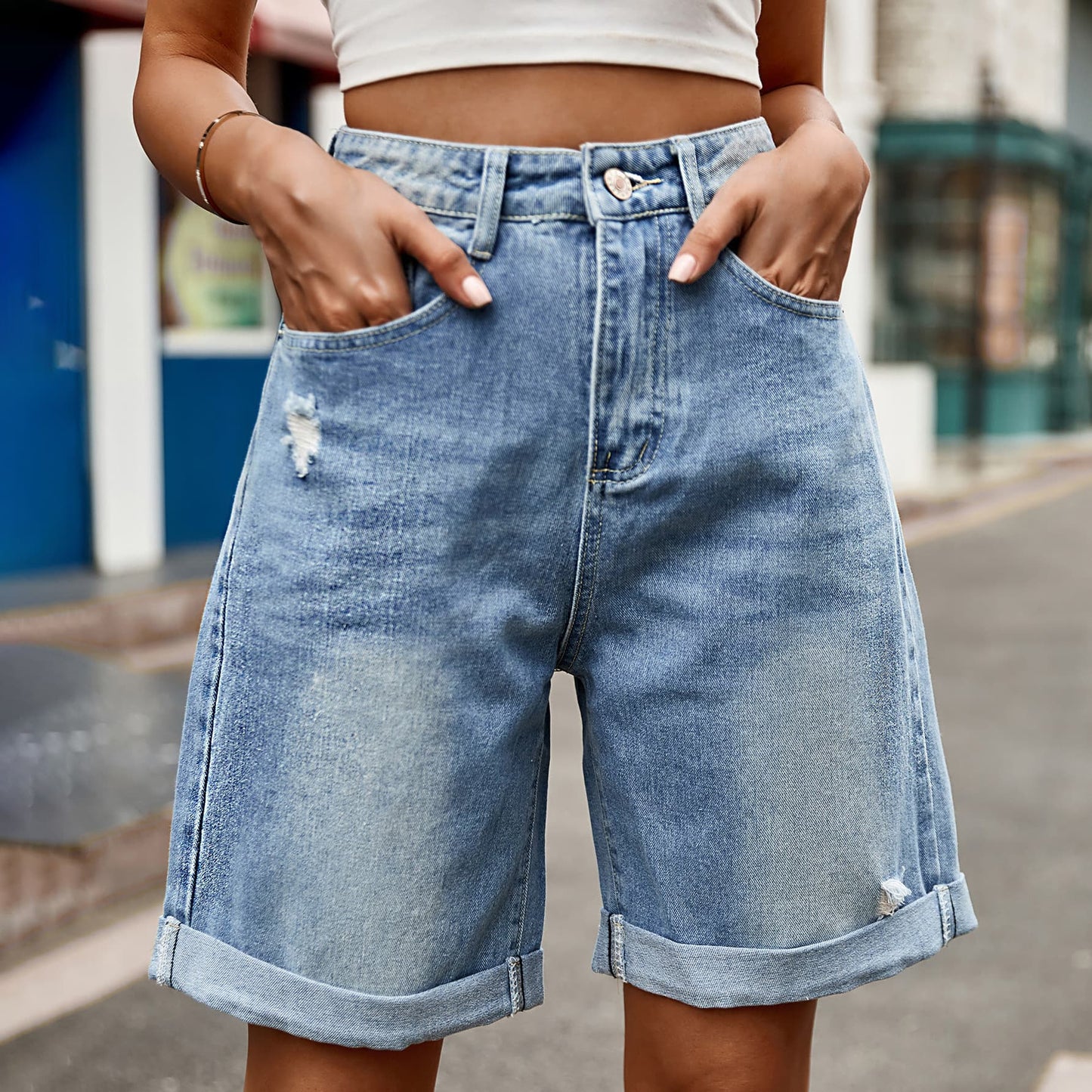 Distressed Buttoned Denim Shorts with Pockets BLUE ZONE PLANET