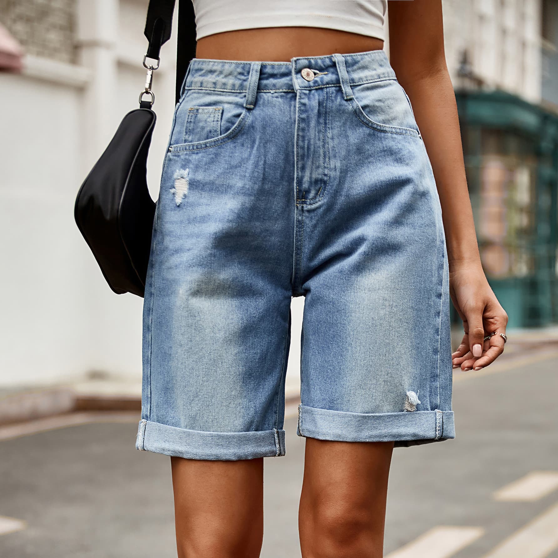Distressed Buttoned Denim Shorts with Pockets BLUE ZONE PLANET
