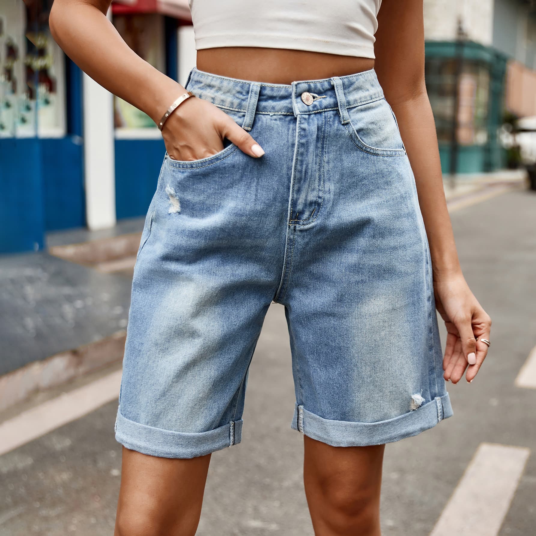 Distressed Buttoned Denim Shorts with Pockets BLUE ZONE PLANET